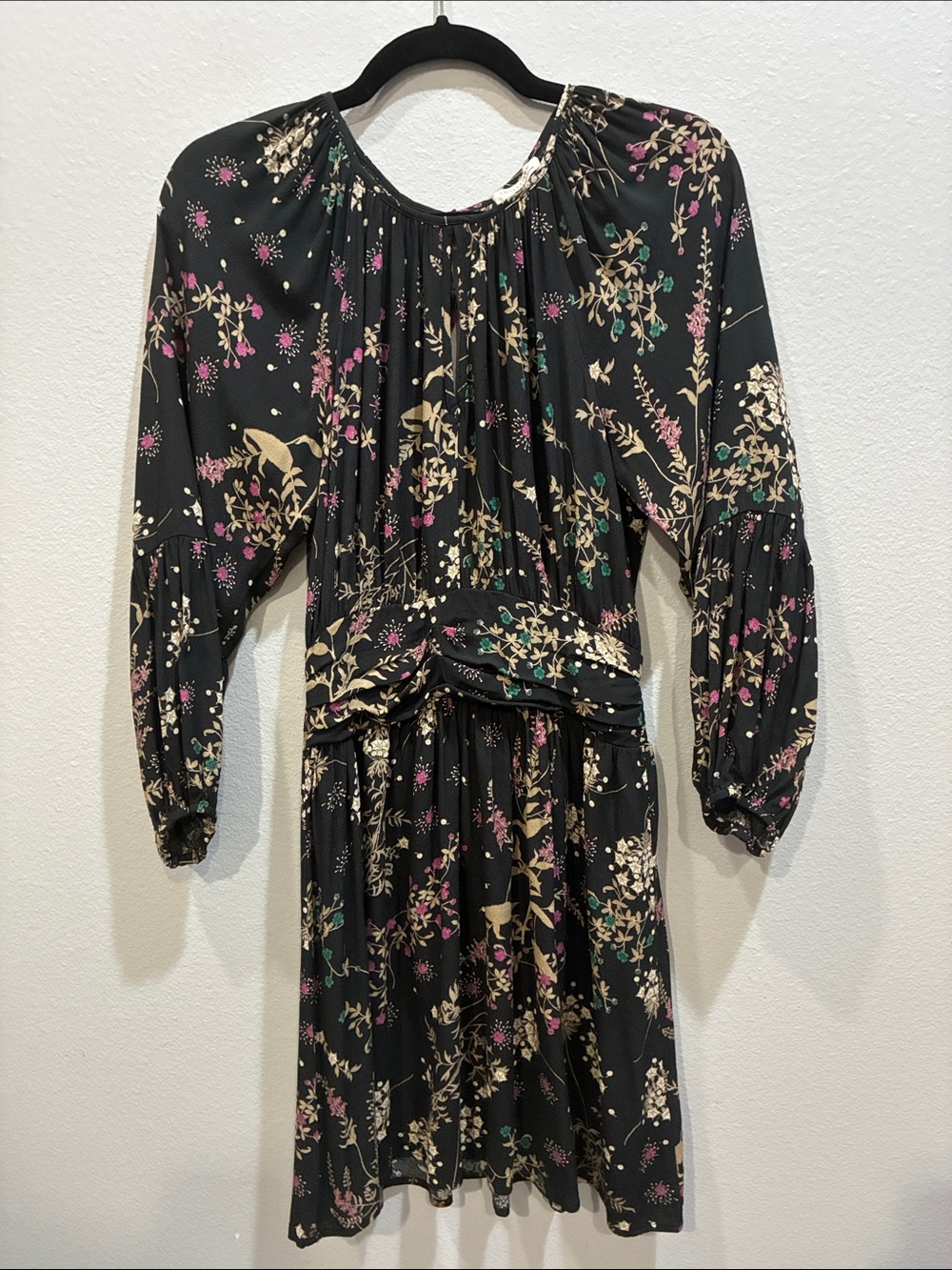 lovestitch Black Floral Long Sleeve Peasant Dress with Cream and Pink Blooms
